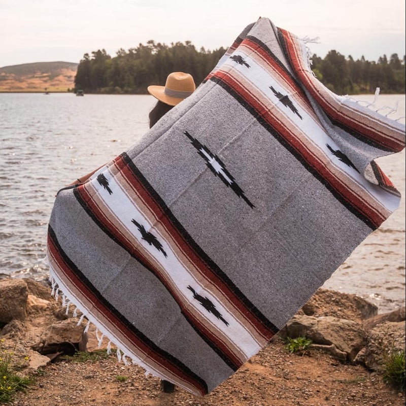 Open Road Goods Heather Gray Mexican Yoga Blanket - Thick Grey Diamond Blanket with Camel, Tan Brown, & Rust Orange Red Clay Stripes - Image 4